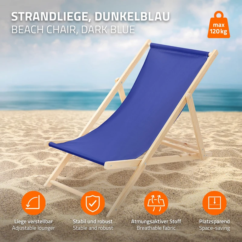 3er Set Liegestuhl klappbar Dunkelblau Holz verstellbare Rückenlehne bis 120 kg Sonnenliege Gartenliege Strandliege