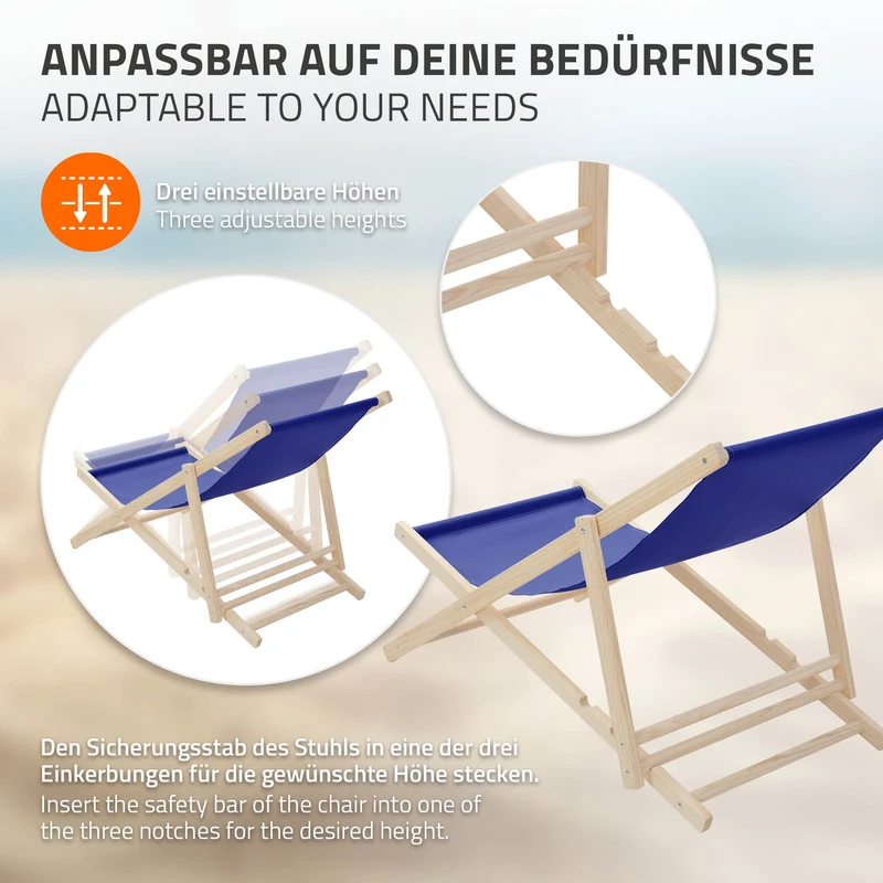 3er Set Liegestuhl klappbar Dunkelblau Holz verstellbare Rückenlehne bis 120 kg Sonnenliege Gartenliege Strandliege