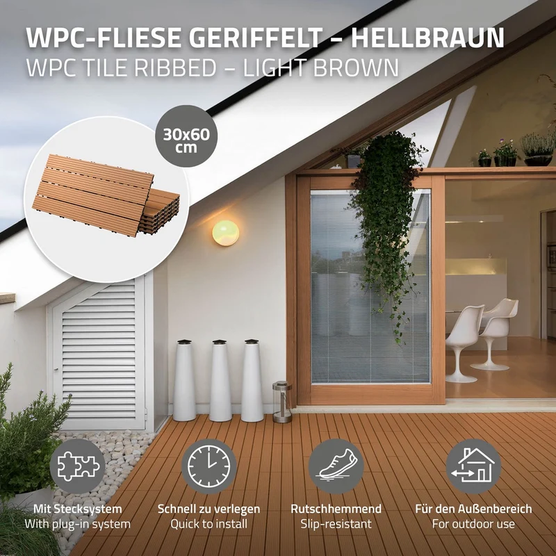 WPC Terrassenfliesen 60x30 cm in Holzoptik Balkon Bodenbelag mit Drainage und Klicksystem Terrassendielen Balkonfliesen