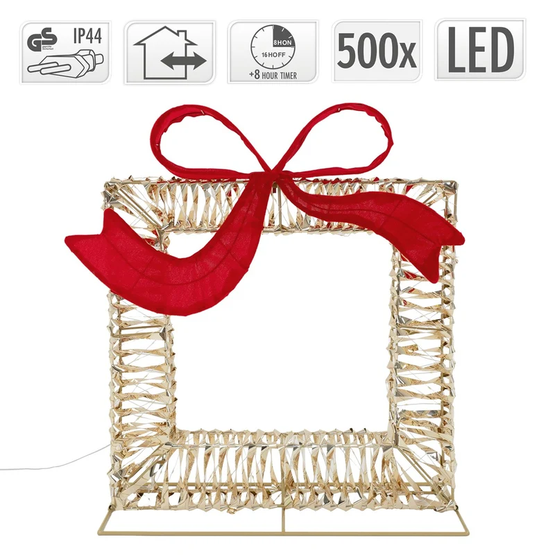 ECD Germany | LED Geschenkbox Weihnachten mit Schleife, 58x63 cm, 500 LEDs Warmweiß, Weihnachtsdeko mit Timer, Innen/Außen IP44 Weihnachtsbeleuchtung