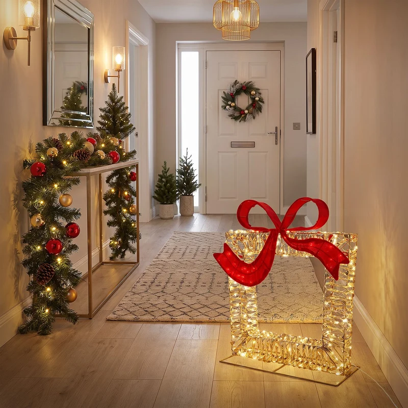 ECD Germany | LED Geschenkbox Weihnachten mit Schleife, 58x63 cm, 500 LEDs Warmweiß, Weihnachtsdeko mit Timer, Innen/Außen IP44 Weihnachtsbeleuchtung