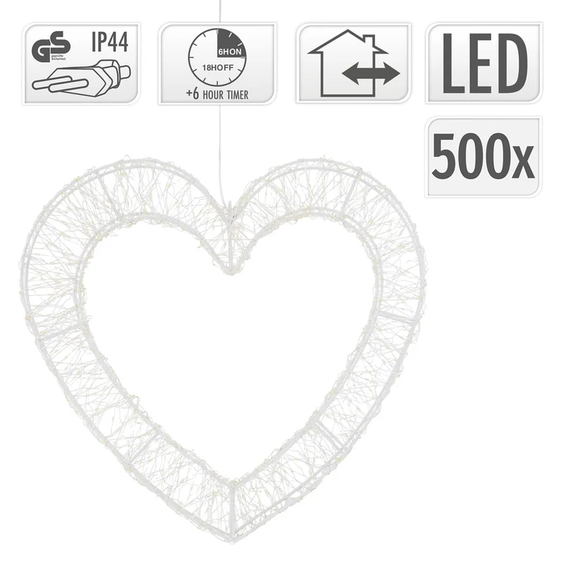 ECD Germany | LED Deko Herz mit Timer 500 LED 36 cm Metall Warmweiß Weihnachtsdeko Weihnachtsbeleuchtung Fensterdeko Weihnachten Lichterherz Außen