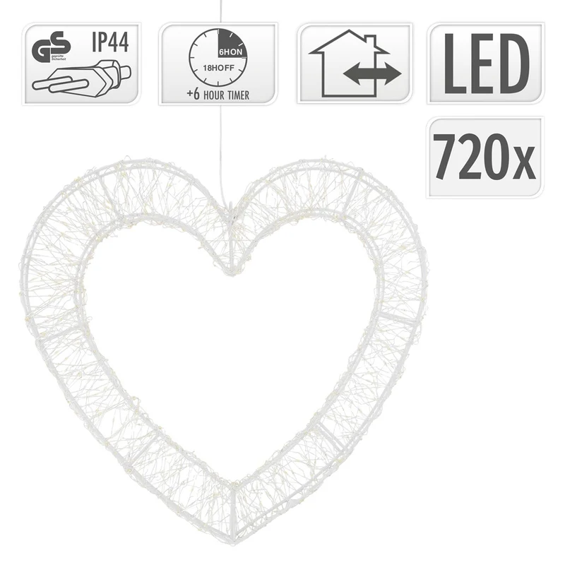 ECD Germany | LED Deko Herz mit Timer 720 LED 46 cm Metall Warmweiß Weihnachtsdeko Weihnachtsbeleuchtung Fensterdeko Weihnachten Lichterherz Außen