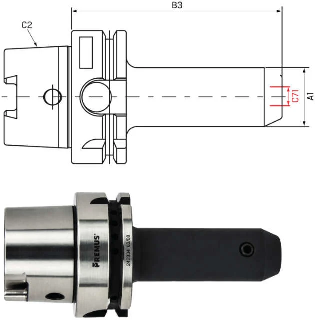 Weldon chuck PREMUS, long, with cooling channel bores, G2,5 at 25.000 rpm