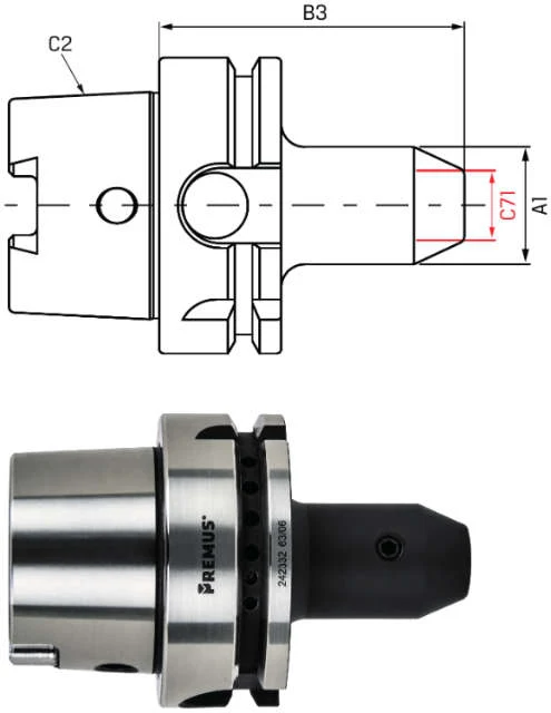 Weldon chuck PREMUS, short, with cooling channel bores, G2,5 at 25.000 rpm