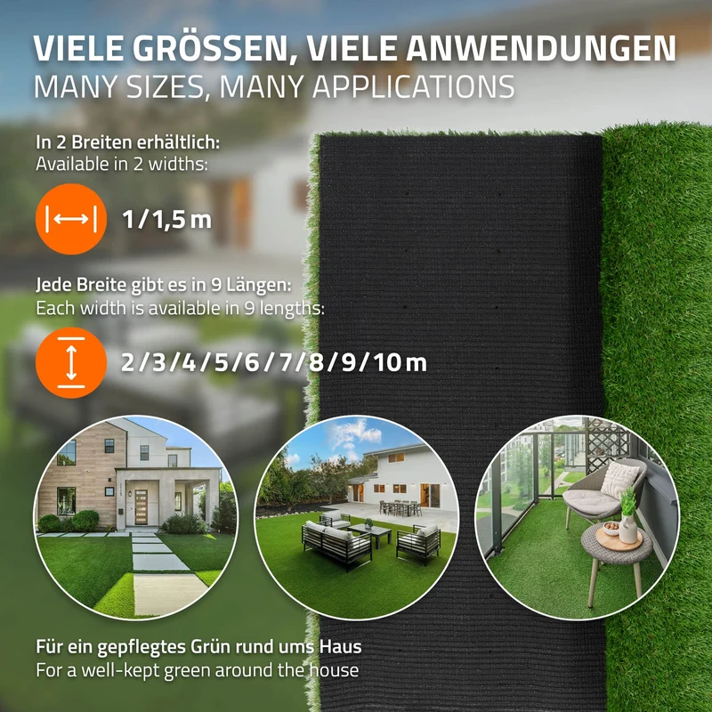 Rasenteppich Kunstrasen-Rolle 150x800 cm 12m² Grün, wetterfest, 35mm, Grasmatte Meterware, Kunstgras