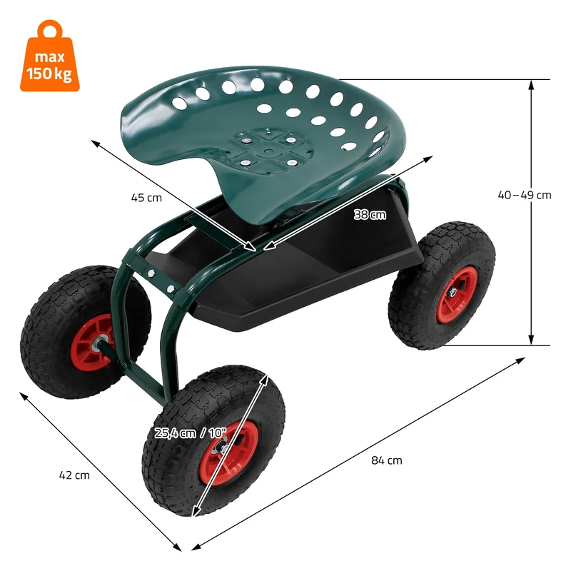 Gartenrollsitz 360° drehbar und höhenverstellbar, Rollsitz aus Stahl mit Ablagefläche & breite Reifen bis 150 kg
