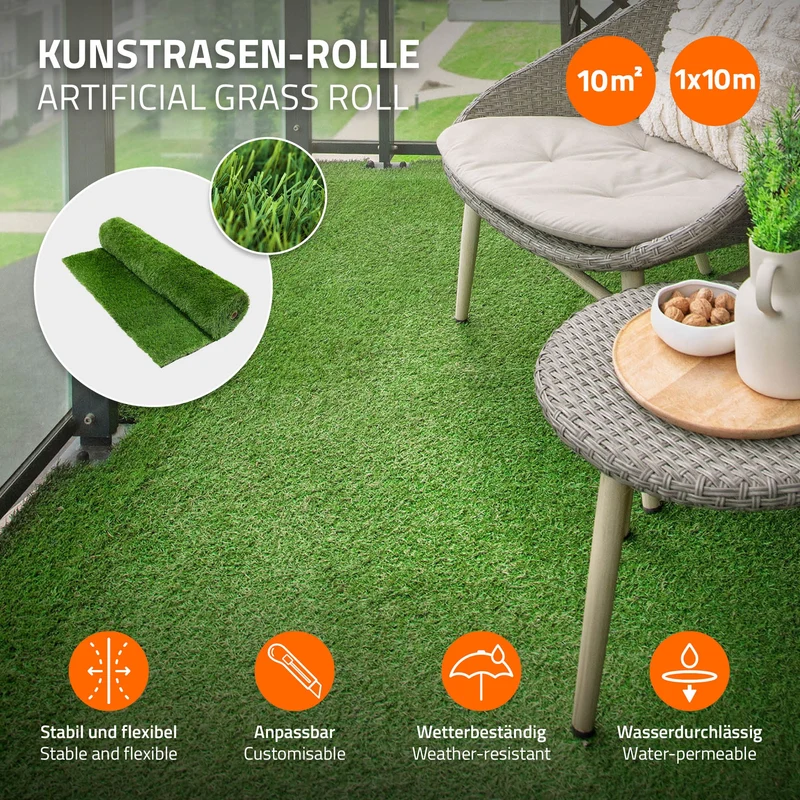 Rasenteppich Kunstrasen-Rolle 100x1000 cm 10m² Grün, wetterfest, 35mm, Grasmatte Meterware, Kunstgras