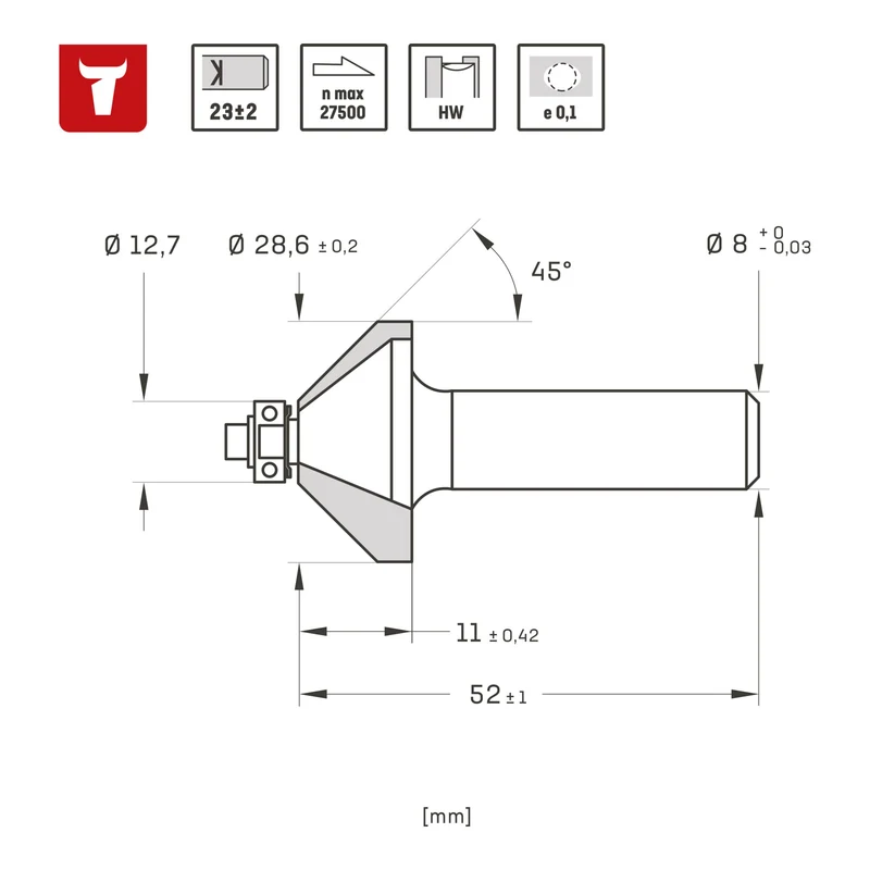 STIER Fasenfräser mit Kugellager HM (HW) Ø 28,6 mm Schaft- Ø 8 mm 45 Grad Fräser