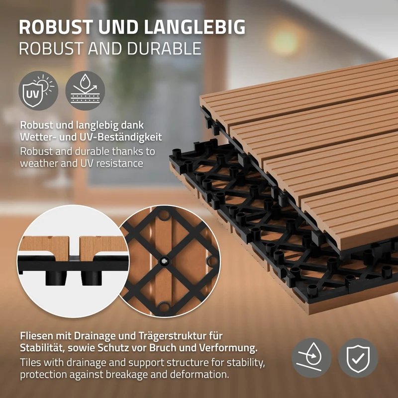 3m² 18 Stück WPC Terrassenfliesen 60x30 cm Hellbraun in Holzoptik Balkon Bodenbelag mit Drainage und Klicksystem Terrassendielen Balkonfliesen