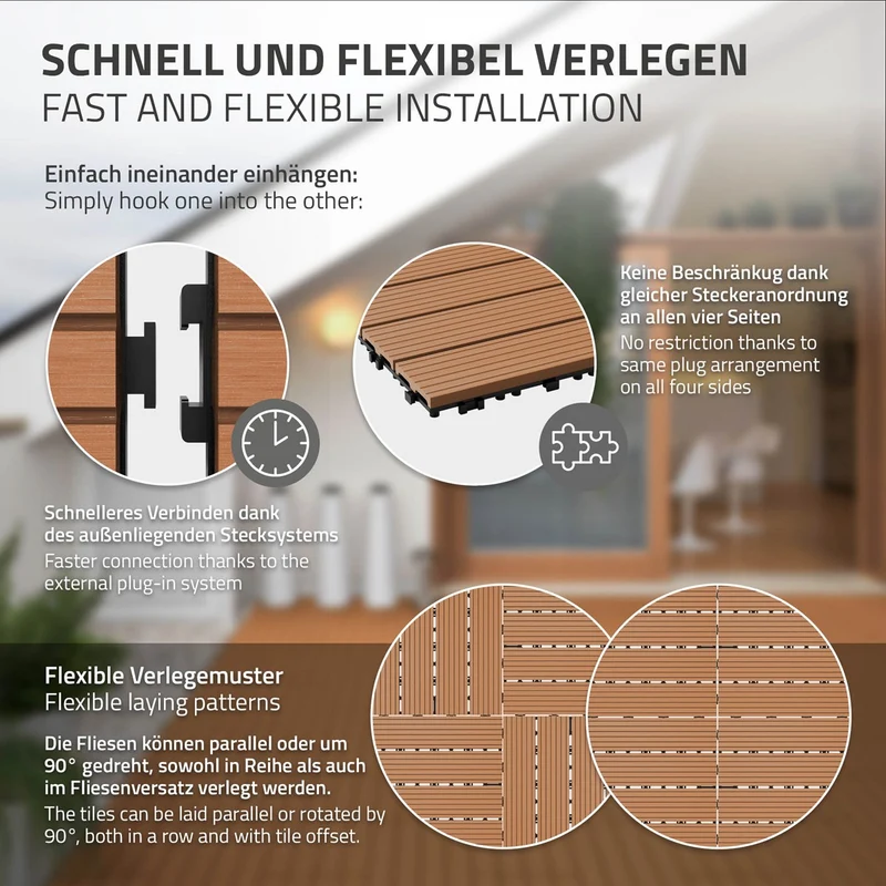 3m² 18 Stück WPC Terrassenfliesen 60x30 cm Hellbraun in Holzoptik Balkon Bodenbelag mit Drainage und Klicksystem Terrassendielen Balkonfliesen