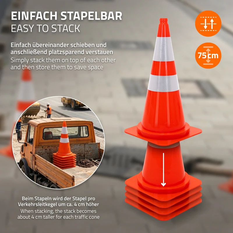 ECD Germany | Pylonen 6er Set groß mit 2 reflektierenden Streifen 75 cm aus PE Orange Verkehrskegel Leitkegel Warnkegel Absperrkegel Verkehrshütchen