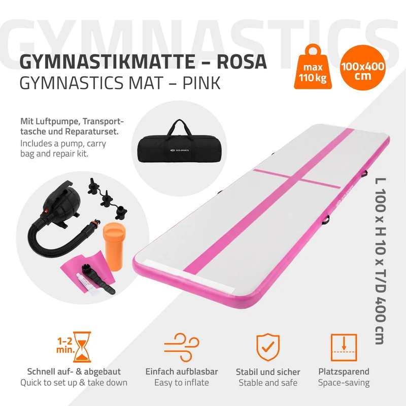 ECD Germany | Aufblasbare Gymnastikmatte inkl. Tragetasche & elektr. Luftpumpe, 3/4/5 m, 10 cm Dicke, Turnmatte Airtrack