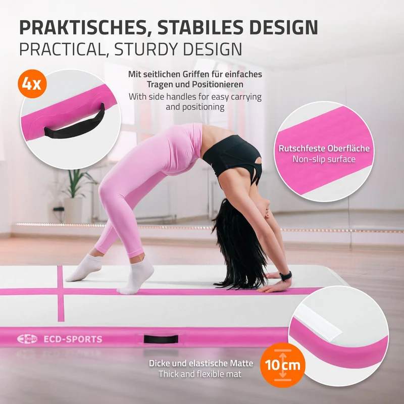 ECD Germany | Aufblasbare Gymnastikmatte inkl. Tragetasche & elektr. Luftpumpe, 3/4/5 m, 10 cm Dicke, Turnmatte Airtrack