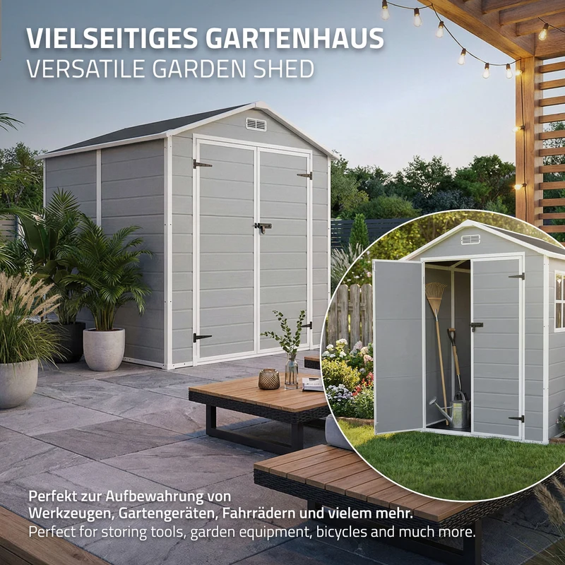 ECD Germany | Gartenhaus mit Boden & Satteldach 5m³, 151x182x220 cm, aus Kunststoff, Gerätehaus Geräteschuppen mit Fenster Doppeltüren