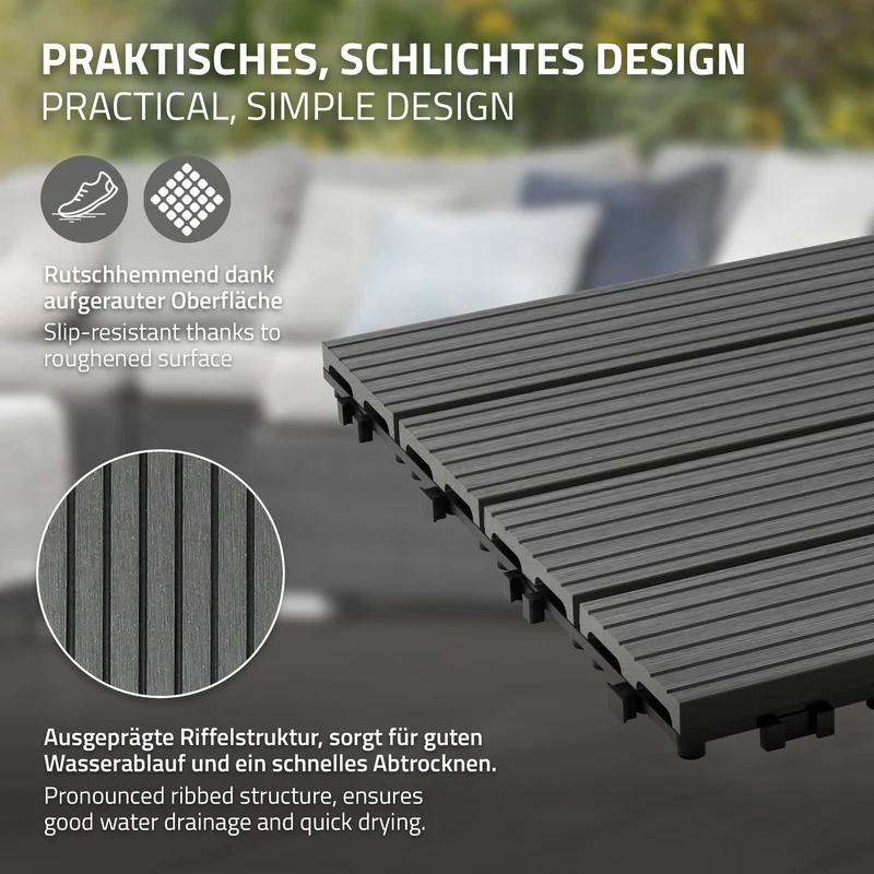 B-Ware 1m² 11 Stück WPC Terrassenfliesen 30x30 cm Anthrazit in Holzoptik Balkon Bodenbelag mit Drainage und Klicksystem Terrassendielen Balkonfliesen