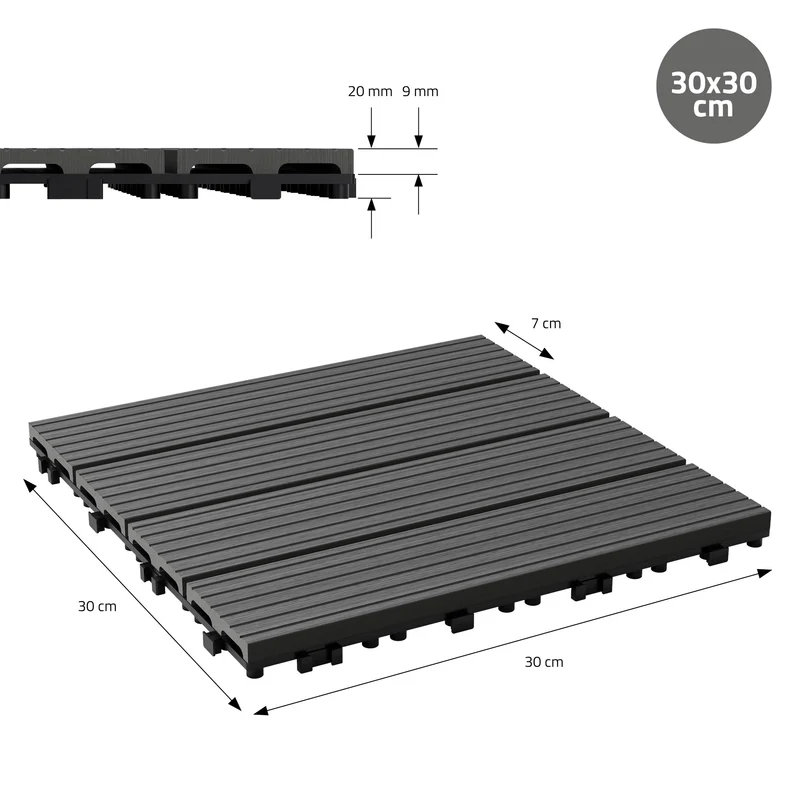 B-Ware 1m² 11 Stück WPC Terrassenfliesen 30x30 cm Anthrazit in Holzoptik Balkon Bodenbelag mit Drainage und Klicksystem Terrassendielen Balkonfliesen