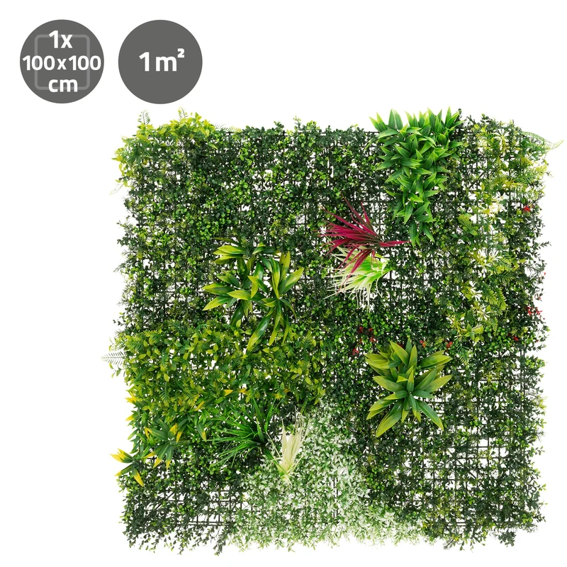 ECD Germany | Kunstpflanzen Wandpaneel UV-beständig 100x100 cm, Grün, Künstliche Pflanzenwand Outdoor, Wandgarten, Blumenwand für Wand Balkon Garten