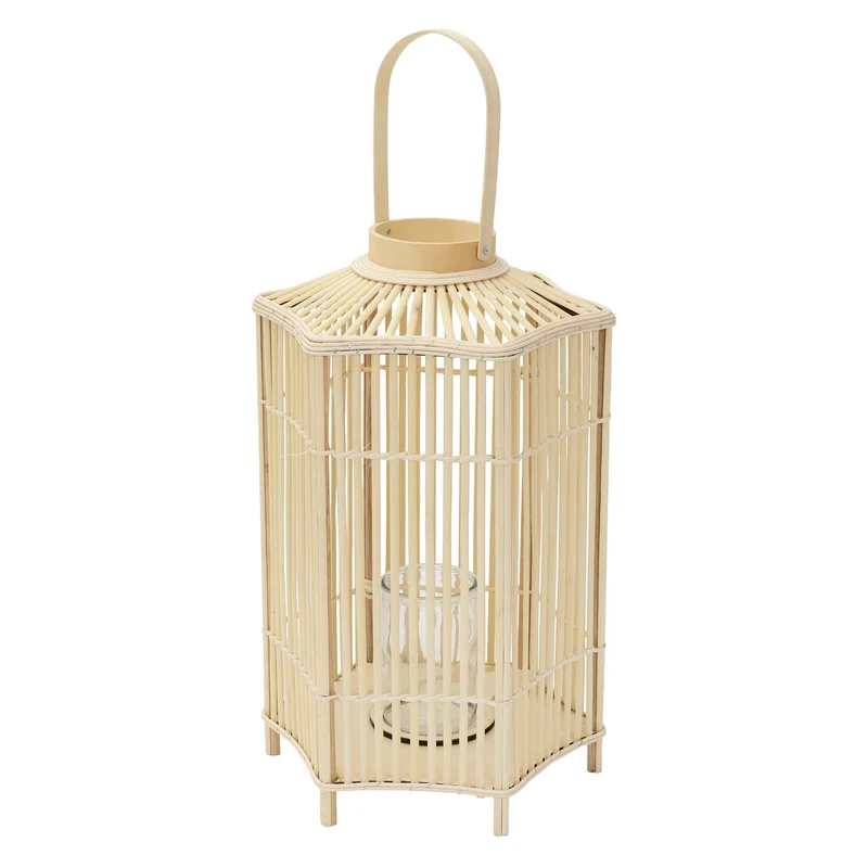 ECD Germany | Bambus Laterne sechseck Windlicht mit Henkel & Glaseinsatz, Natur/Grau, Boho Gartenlaterne, Flechtoptik Kerzenhalter