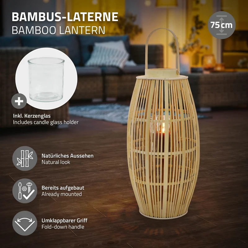 ECD Germany | Bambus Laterne oval Windlicht mit Henkel & Glaseinsatz, Natur/Grau, Boho Gartenlaterne, Flechtoptik Kerzenhalter
