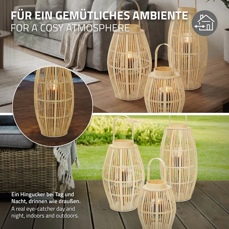 ECD Germany | Bambus Laterne oval Windlicht mit Henkel & Glaseinsatz, Natur/Grau, Boho Gartenlaterne, Flechtoptik Kerzenhalter