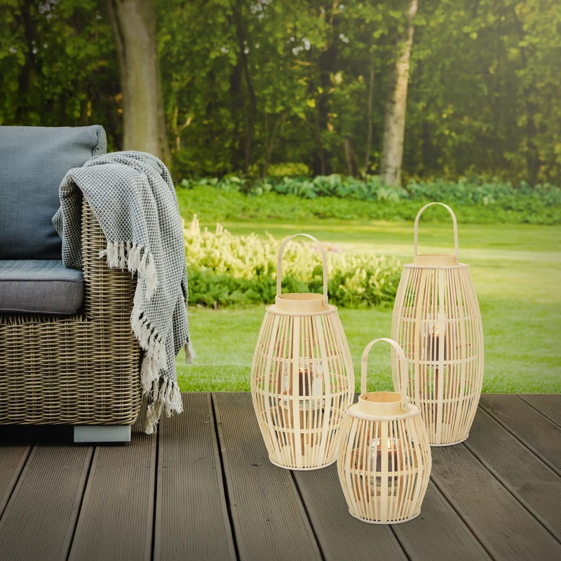 ECD Germany | Bambus Laterne oval Windlicht mit Henkel & Glaseinsatz, Natur/Grau, Boho Gartenlaterne, Flechtoptik Kerzenhalter