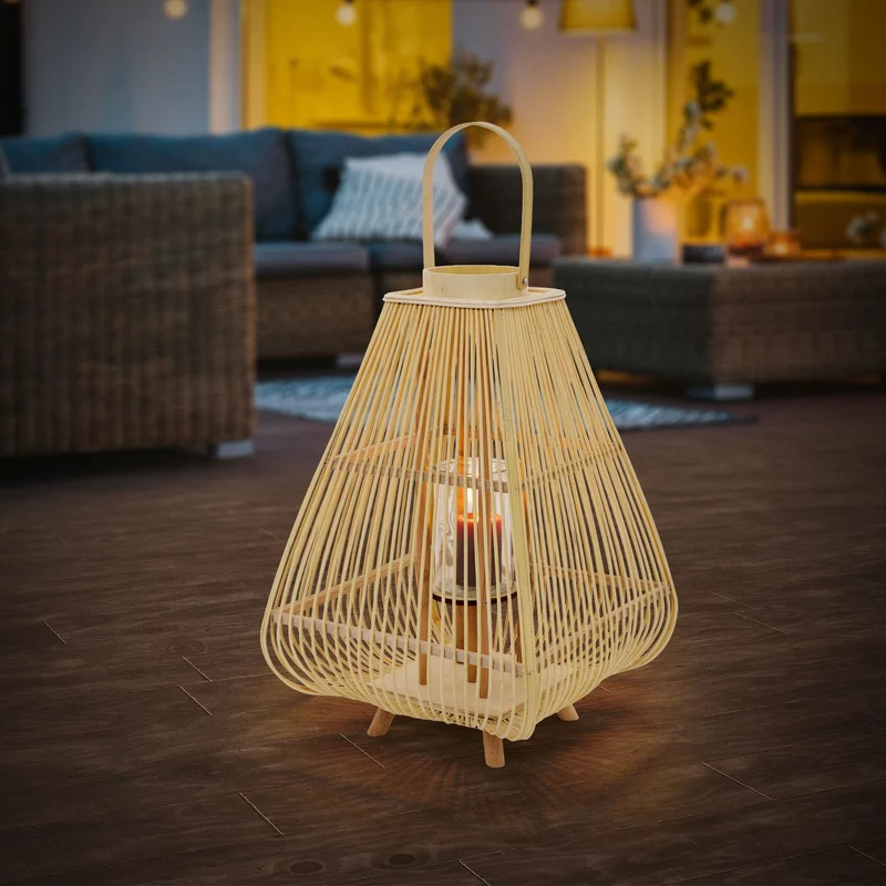 ECD Germany | Bambus Laterne viereck Windlicht mit Henkel & Glaseinsatz, Natur/Grau, Boho Gartenlaterne, Flechtoptik Kerzenhalter