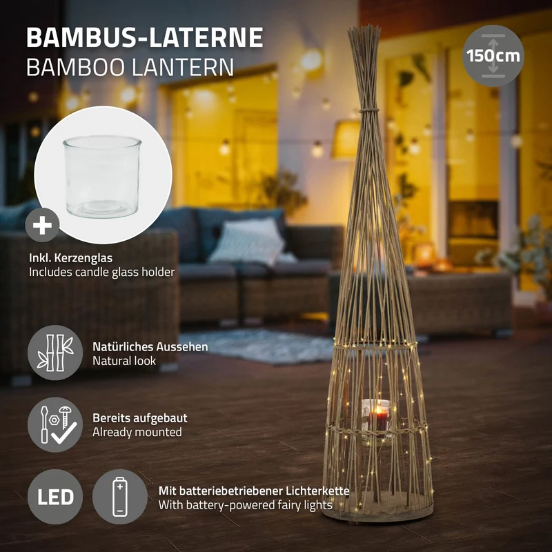 ECD Germany | Bambus Laterne Tipi Windlicht mit Glaseinsatz Holzfarbe, Boho Gartenlaterne, Flechtoptik Kerzenhalter