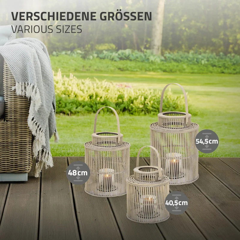 ECD Germany | Bambus Laterne rund Windlicht mit Henkel & Glaseinsatz, Natur/Grau, Boho Gartenlaterne, Flechtoptik Kerzenhalter