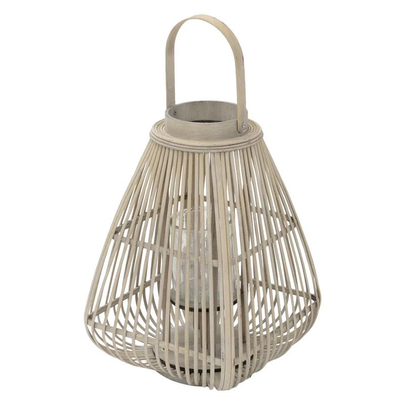 ECD Germany | Bambus Laterne viereck Windlicht mit Henkel & Glaseinsatz, Natur/Grau, Boho Gartenlaterne, Flechtoptik Kerzenhalter