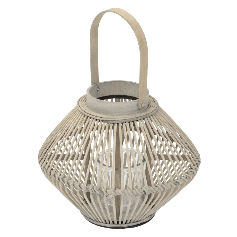 ECD Germany | Bambus Laterne oval Windlicht mit Henkel & Glaseinsatz, Natur/Grau, Boho Gartenlaterne, Flechtoptik Kerzenhalter