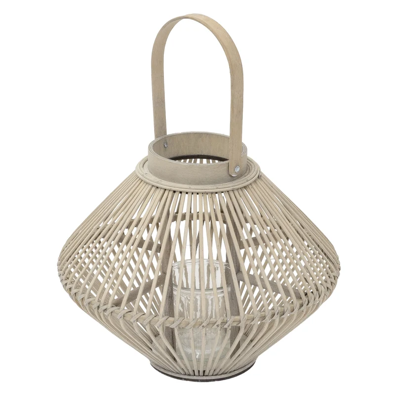 ECD Germany | Bambus Laterne oval Windlicht mit Henkel & Glaseinsatz, Natur/Grau, Boho Gartenlaterne, Flechtoptik Kerzenhalter