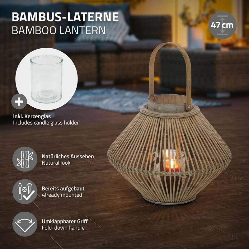 ECD Germany | Bambus Laterne oval Windlicht mit Henkel & Glaseinsatz, Natur/Grau, Boho Gartenlaterne, Flechtoptik Kerzenhalter