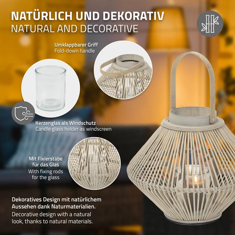 ECD Germany | Bambus Laterne oval Windlicht mit Henkel & Glaseinsatz, Natur/Grau, Boho Gartenlaterne, Flechtoptik Kerzenhalter