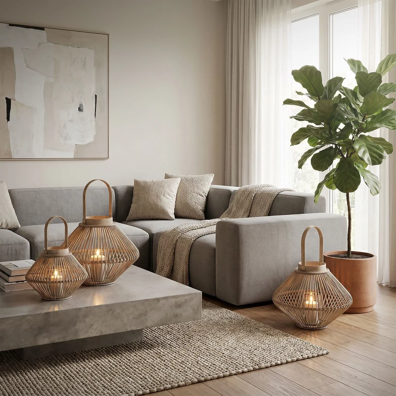 ECD Germany | Bambus Laterne oval Windlicht mit Henkel & Glaseinsatz, Natur/Grau, Boho Gartenlaterne, Flechtoptik Kerzenhalter