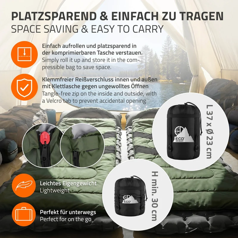 ECD Germany | Schlafsack Outdoor für Camping, 210 cm, 3 Jahreszeiten für Erwachsene, 2in1 Deckenschlafsäcke Wasserabweisend, Warm, Kompakt & Leicht