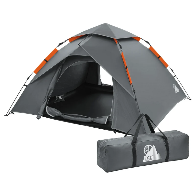Pop-Up Zelt für 4 Personen, Campingzelt Outdoor Grau, Kuppelzelt doppelwandig mit 2 Türen, Wurfzelt wasserdicht & winddicht mit Tragetasche