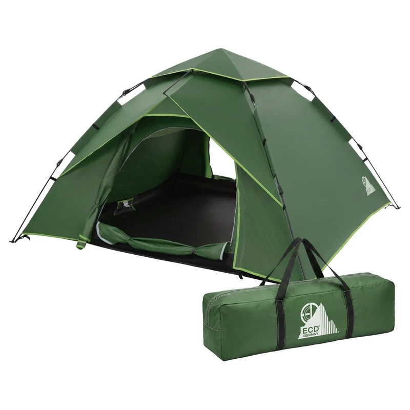 Pop-Up Zelt für 4 Personen, Campingzelt Outdoor Grün, Kuppelzelt doppelwandig mit 2 Türen, Wurfzelt wasserdicht & winddicht mit Tragetasche