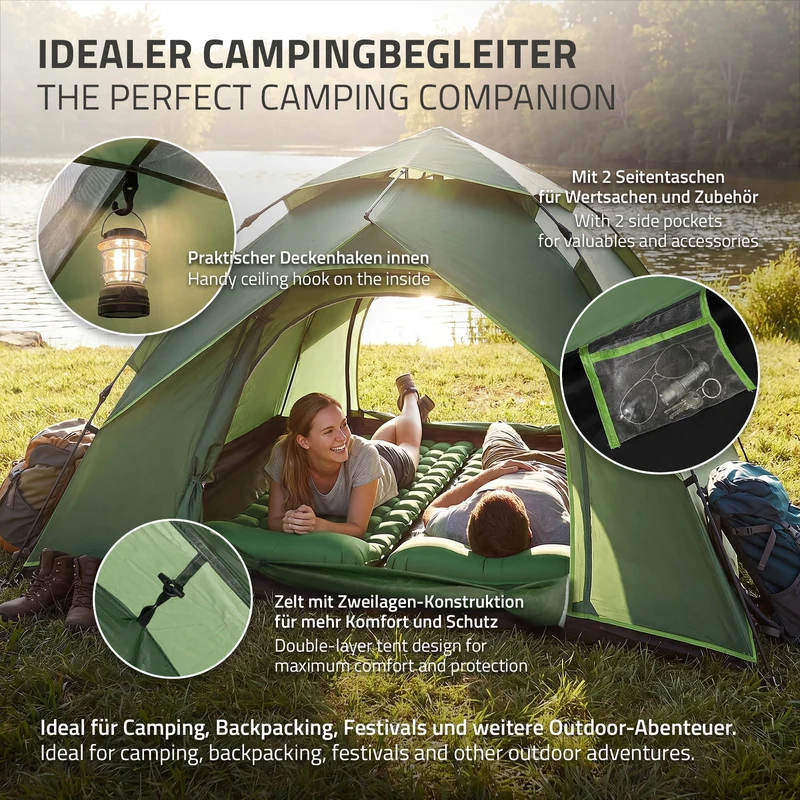 ECD Germany | Pop-Up Zelt für 4 Personen, Campingzelt Outdoor, Kuppelzelt doppelwandig mit 2 Türen, Wurfzelt wasserdicht & winddicht mit Tragetasche