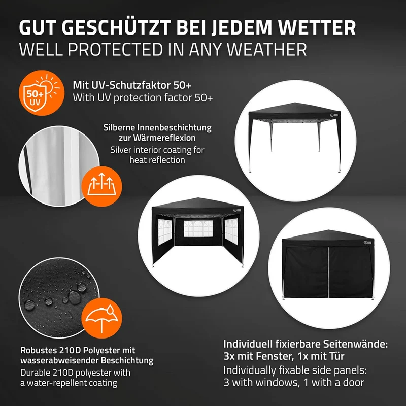 ECD Germany | Pavillon Pop Up Wasserabweisend mit Seitenwänden Polyester Oxford-Gewebe Faltpavillon Gartenpavillon Gartenzelt Partyzelt