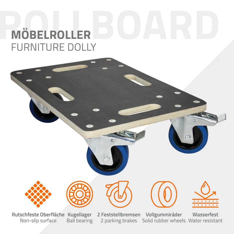 Rollbrett Möbelroller 35 x 50 cm aus Multiplex mit Feststellbremsen Traglast 800 kg