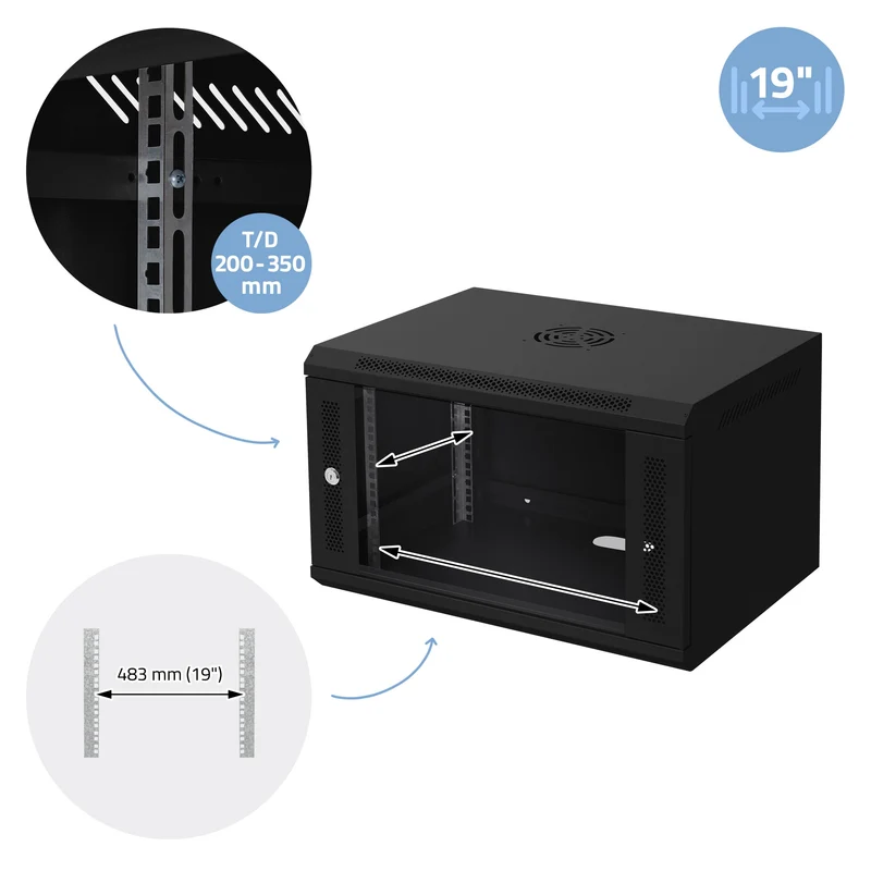 ECD Germany | Netzwerkschrank mit abschließbarer Sicherheitsglastür, von 6 bis 18 HE, 19 Zoll, Traglast 60 kg, voll montiert, Server Gehäuse