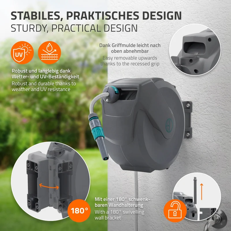 ECD Germany | Schlauchaufroller mit Arretierstop und 9 Sprühfunktionen 180° Schwenkbar, 15/20/30m, Schlauchtrommel Wand-Schlauchbox RollUp