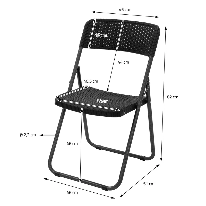 ECD Germany | Balkonstuhl Set Klappbar 51x46x82 cm, aus Stahl, PP-Kunststoff, Schwarz, Rattan-Optik Bistrostuhl Gartenstuhl Campingstuhl