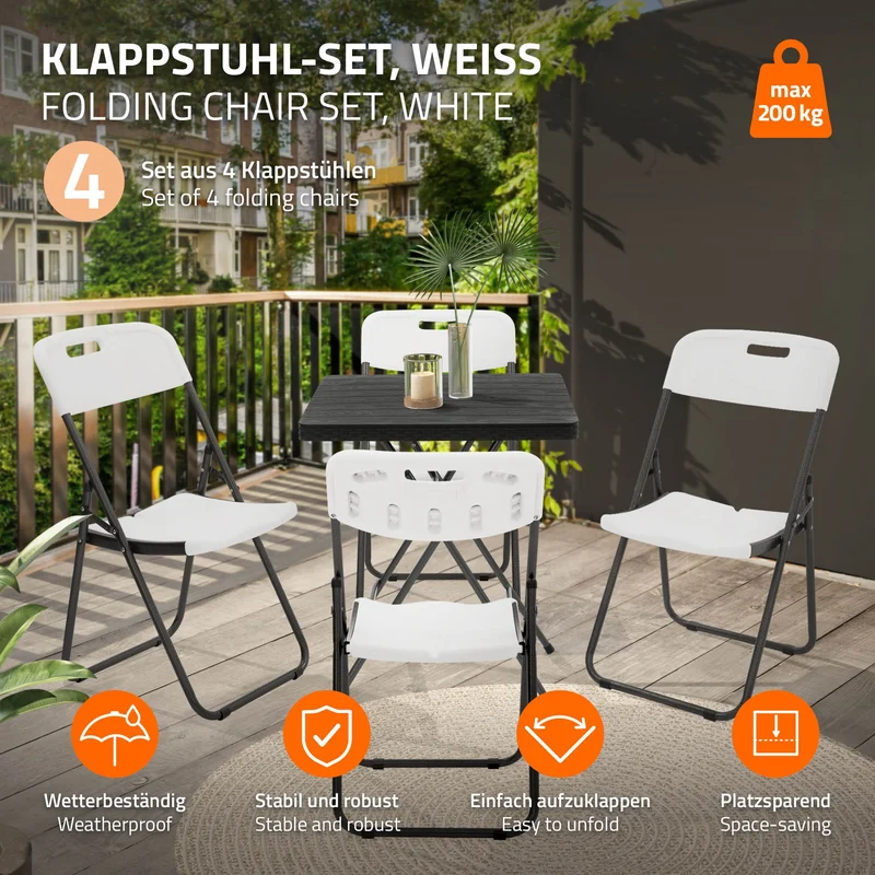 ECD Germany | Balkonstuhl Set Klappbar 85,5×46×54,5 cm, aus Kunststoff, Stahl, Weiß, Bistrostuhl Gartenstuhl Campingstuhl