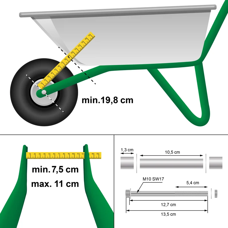 2er Set Schubkarrenrad 390 mm 4.80/4.00-8 mit Achse Linienprofil Schwarz aus PU Vollgummi