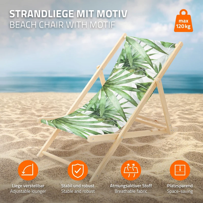 B-Ware Gartenliege aus Holz in Palme Grün-Weiß klappbarer Beachstuhl Strandstuhl Strandliege Liegestuhl Sonnenliege Relaxliege