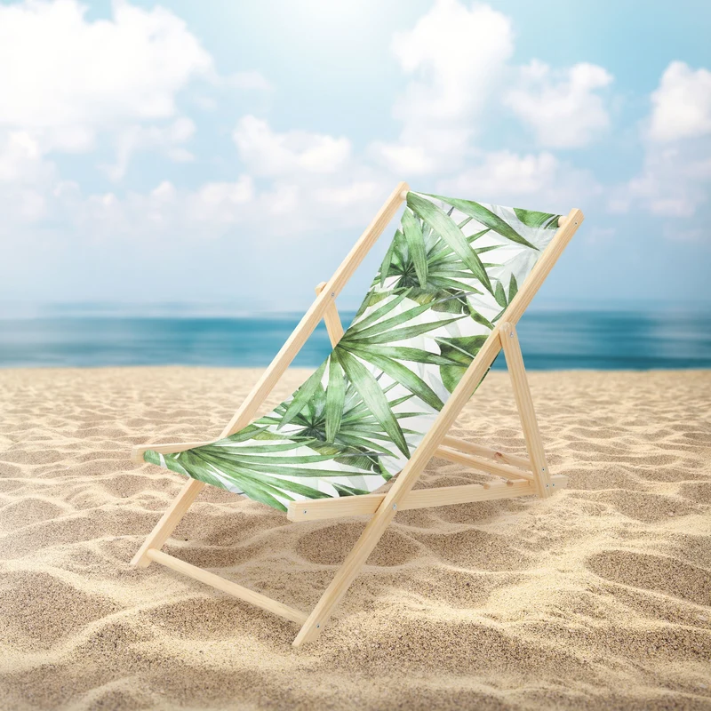 B-Ware Gartenliege aus Holz in Palme Grün-Weiß klappbarer Beachstuhl Strandstuhl Strandliege Liegestuhl Sonnenliege Relaxliege