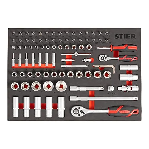 STIER Steckschlüssel Satz 92-teilig Chrom-Vanadium-Stahl 1/4 Zoll 1/2 Zoll mit