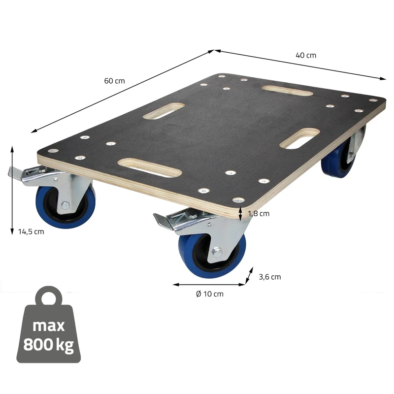 Rollbrett Möbelroller 40 x 60 cm aus Multiplex mit Feststellbremsen Tragkraft 800 kg